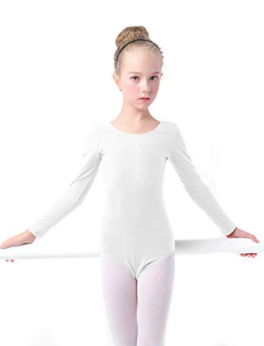 furein Maillot de Danza Ballet Gimnasia Leotardo Body Clásico Elástico para Niña de Manga Larga Cuello Redondo (10 años, Blanco)
