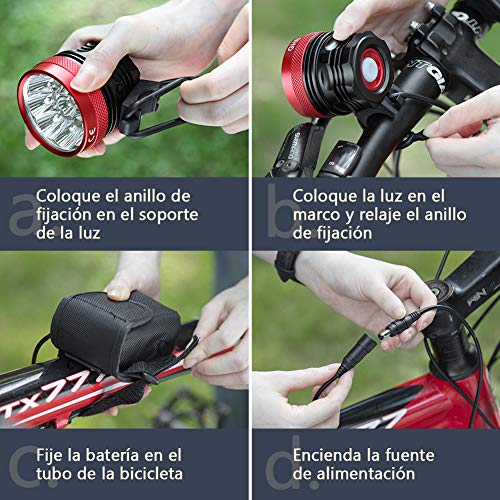 GHB Foco Bicicleta Luces para Bicicleta Impermeable IPX-5 9LED T6 15000LM con Batería y Cargador