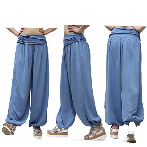 Gloop HS201701 - Pantalones bombachos para mujer, de verano, tipo harén, para tiempo libre, diseño de flores o colores lisos Azul vaquero 13090a4. M-L