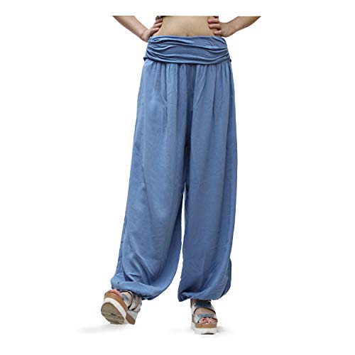 Gloop HS201701 - Pantalones bombachos para mujer, de verano, tipo harén, para tiempo libre, diseño de flores o colores lisos Azul vaquero 13090a4. M-L