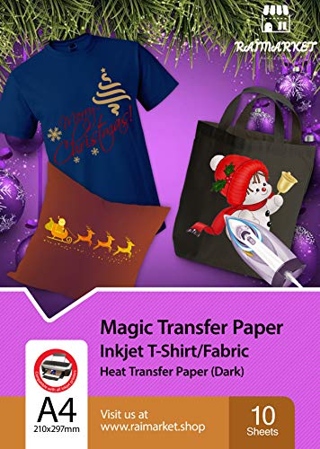 Hierro sobre papel de transferencia para tela oscura (Magic Paper) de Raimarket | 10 hojas | A4 Transferencia de hierro para inyección de tinta en papel / camiseta