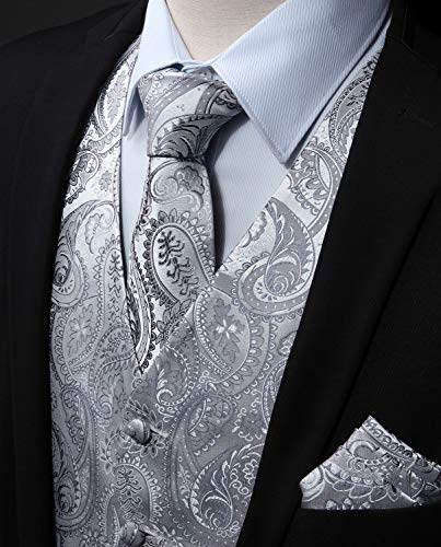 HISDERN Chaleco y corbata de jacquard floral paisley clasico para hombre y traje de chaleco cuadrado de bolsillo