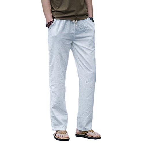 Hoerev Pantalones de Lino Informales de Verano para Hombre Estilo Playero,Blanco,Large