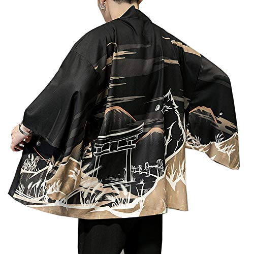 Hombres Vintage Japonés Kimono Camisa Haori Cloak Abrigo Estampado Manga Larga Holgado Cárdigan