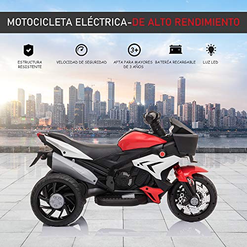 HOMCOM Moto Eléctrica Infantil con 3 Ruedas para +3 Años Triciclo con Pedal para Niños Batería 6V con Luces Música Neumáticos Anchos Velocidad Máxima de 3 km/h 86x42x52 cm Rojo
