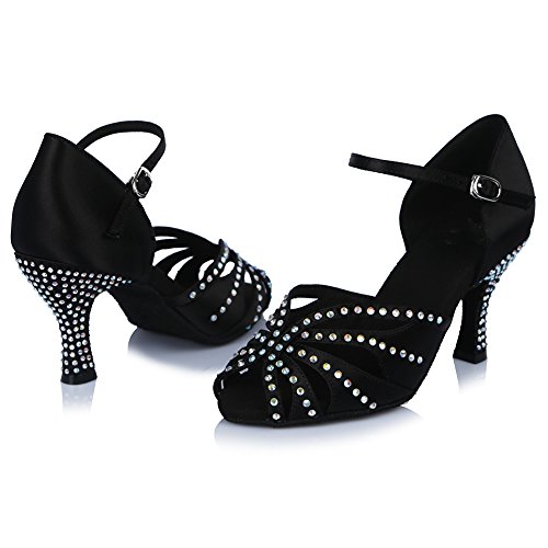 HROYL Zapatos de Baile para Mujeres y Niñas Latino de Diamantes de imitación Señoras Salsa Latina Tango Zapatos de Boda de satén,ESAF43503,Negro,39EU