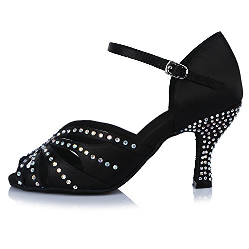 HROYL Zapatos de Baile para Mujeres y Niñas Latino de Diamantes de imitación Señoras Salsa Latina Tango Zapatos de Boda de satén,ESAF43503,Negro,39EU