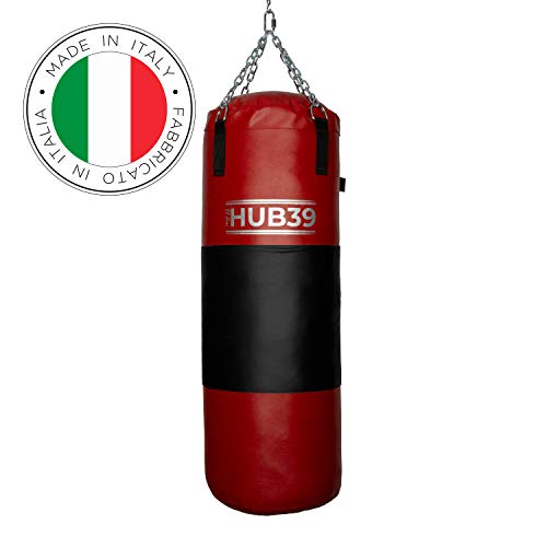 Hub39 Made in Italy - Saco de boxeo con banda de cuero de 40 kg - Saco de boxeo largo de 100 cm - Saco de boxeo relleno de 40 kg (rojo banda negra)