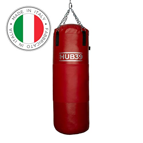 Hub39 Made in Italy - Saco de boxeo con banda de cuero de 40 kg - Saco de boxeo largo de 100 cm - Saco de boxeo relleno de 40 kg (rojo banda roja)