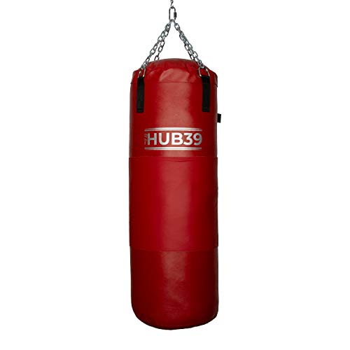 Hub39 Made in Italy - Saco de boxeo con banda de cuero de 40 kg - Saco de boxeo largo de 100 cm - Saco de boxeo relleno de 40 kg (rojo banda roja)