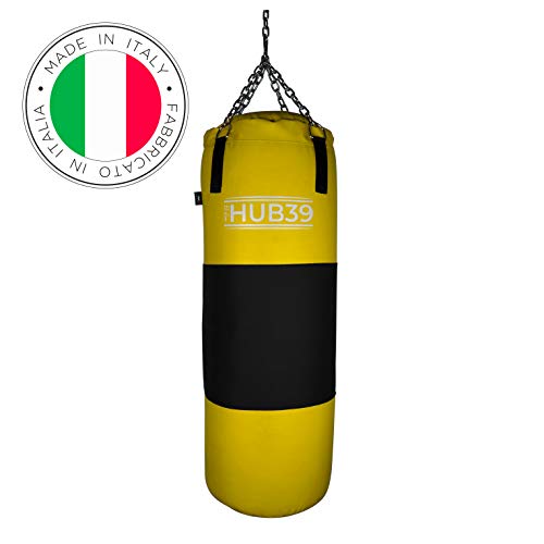 Hub39 Saco de boxeo con banda de cuero de 40 kg – Saco – Boxeo largo 100 cm – Saco lleno de boxeo – Saco de boxeo lleno 40 kg (amarillo banda negra)