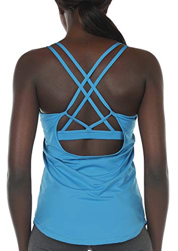 icyzone 2 en 1 Camiseta de Tirantes para Mujer Cruzado-Cruzado Strappy Chaleco Deportivo Fitness (L, Azul)