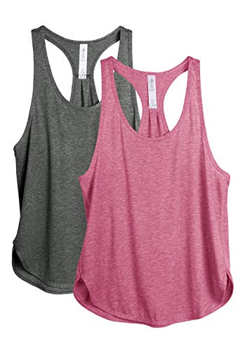 icyzone Camiseta sin Mangas de Fitness para Mujer Chaleco Deportivo, Pack de 2 (M, Carboncillo/Rosado)