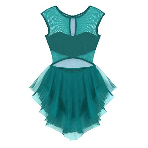 IEFIEL Maillot Gimnasia para Adulto Mujer Vestido de Danza Ballet Mono Clásico Leotardo con Fald Tutú de Malla Transparente Verde XL
