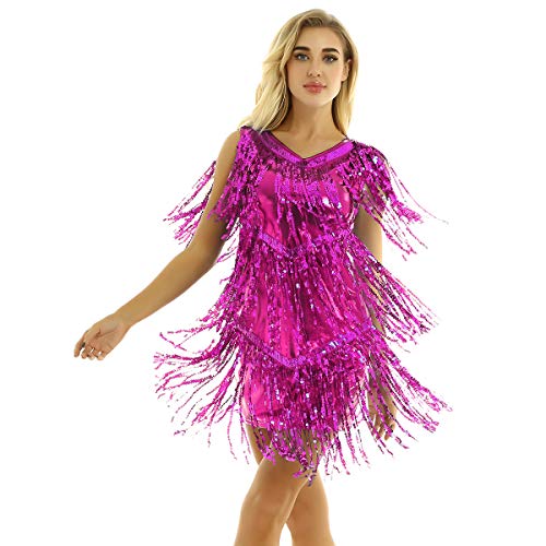 inhzoy Vestido de Baile Latino Lentejuelas para Mujer Vestido de Rumba Tango Salsa Samba Flecos Traje de Baile de Salón Disfraz de Fiesta Dancewear Rosa Oscuro Medium