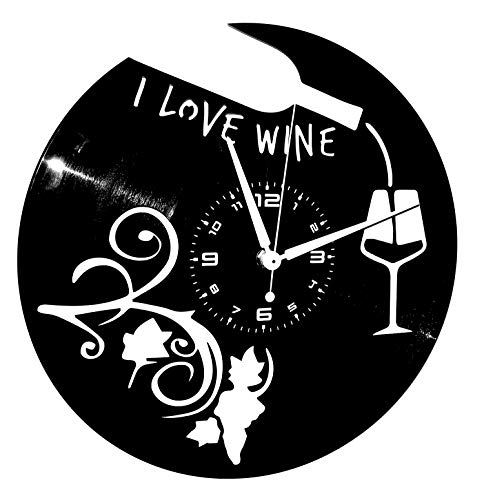 Instant Karma Clocks Enoteca - Reloj de Pared con Disco de Vinilo para Cerveza, Restaurante, pizzería I Love Wine Vino UVA y Cantina, cáliz, Negro