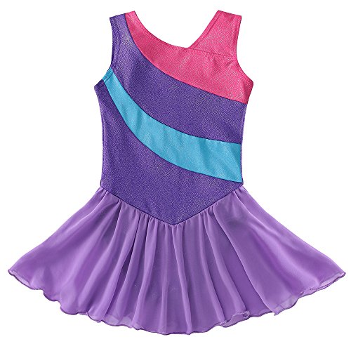 Kidsparadisy - Maillot con falda para niñas de 2 a 15 años, manga larga y sin mangas, con bandas arco iris, para gimnasia, baile y ballet, Infantil, color morado, tamaño 150(10-11T)