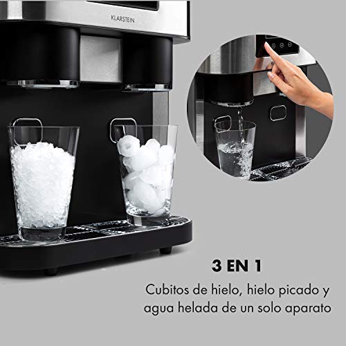 Klarstein Eiszeit Crush - Máquina de hielos 3 en 1, Cubitos, Hielo picado, Agua helada, 2 tamaños de cubitos, 15-18 kg/24h, Pantalla LCD, Depósito de 1,8 L, Volumen para 600 g de hielo, Gris oscuro