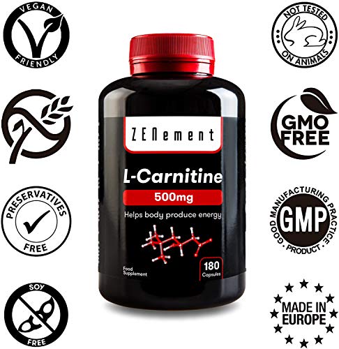 L-Carnitina | 180 cápsulas x 500mg | Ayuda al cuerpo a producir energía, mejorar el rendimiento deportivo y perder peso | Vegano, sin gluten