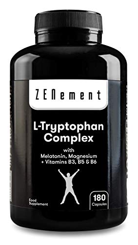 L-Triptófano Complex con Melatonina, Magnesio + Vitaminas B3, B5 y B6, 180 Cápsulas | Nootrópico | Regula el estado de ánimo y combate el estrés, precursor de Serotonina | Vegano, libre de aditivos