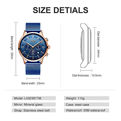 LIGE Relojes Hombre Moda Impermeable Acero Inoxidable Analógico Cuarzo Relojes Negocio Azul Automática Fecha Relojes
