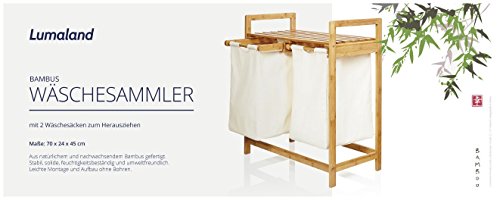 Lumaland cesto para ropa en bambú, con 2 compartimientos extraibles, ca. 73 x 64 x 33 cm