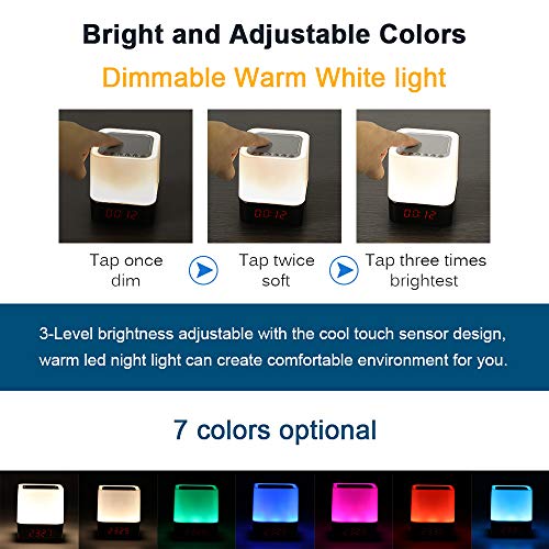 Luz Nocturna Altavoz Bluetooth, Lámpara Táctil Que Cambia de Color, Luz de Noche RGB Regulable, Reloj Despertador Digital, Regalo para Adolescentes