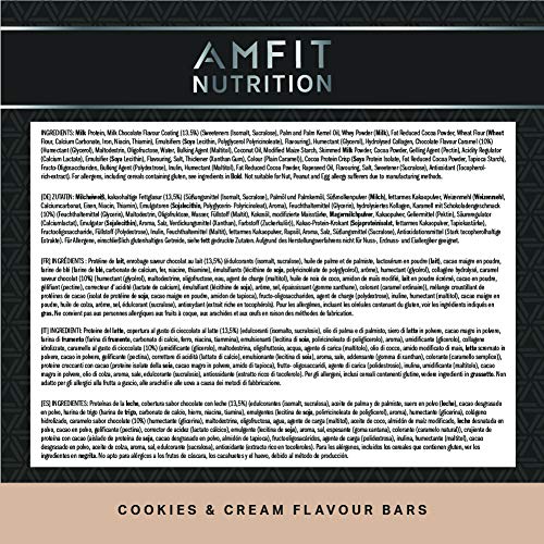 Marca Amazon - Amfit Nutrition Barra de proteína baja en azúcar (19,6gr proteina; 1,4gr azúcar), Cookies & Cream, Pack de 12 (12x60g)