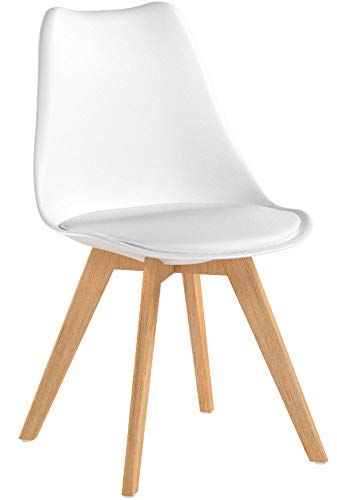 Mc Haus LENA - Pack 4 sillas Blancas Tulip Comedor oficina, Sillas Madera nórdicas con patas de madera y Asiento Acolchado suave, respaldo ergonómico, Blanco, 83x49x53,5cm