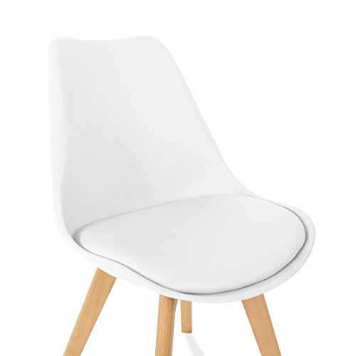 Mc Haus LENA - Pack 4 sillas Blancas Tulip Comedor oficina, Sillas Madera nórdicas con patas de madera y Asiento Acolchado suave, respaldo ergonómico, Blanco, 83x49x53,5cm