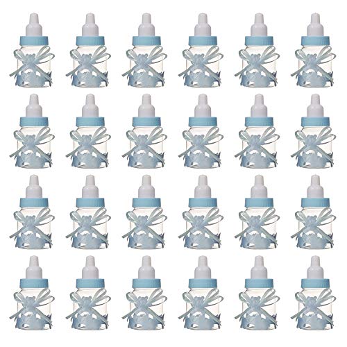 MINGZE 24 piezas Biberón de Plástico, Mini Botella de Caramelo Caja de Regalo para Fiesta Caramelo Recuerdo de Bautizo Ducha Baby Shower Cumpleaños Fiesta Bebé Favorece Decoraciones (Azul)