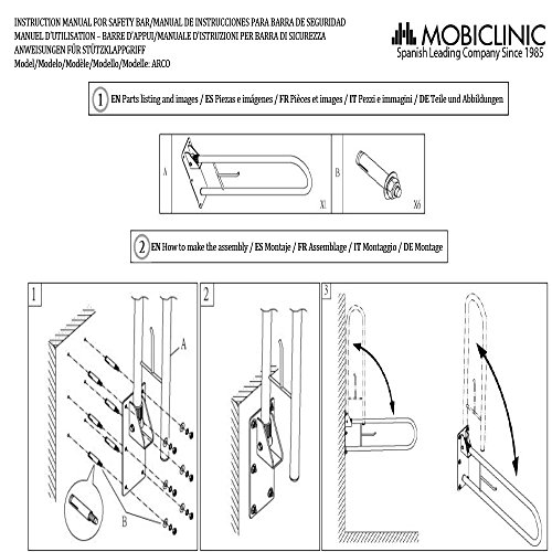 Mobiclinic, Arco, Barra abatible baño, doble barra de seguridad, ayuda de baño para ancianos y minusválidos, soporte para papel