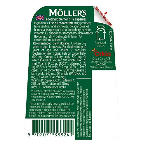 Moller’s ® | Cápsulas de omega 3 | Aceite de pescado | Suplemento dietético nórdico con omega 3 y EPA, DHA, vitaminas A, D y E | Marca con 166 años de historia | Daily Health | 112 cápsulas
