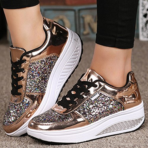 Mujer Zapatillas de Deporte Cuña Zapatos para Caminar Aptitud Plataforma Sneakers con Cordones Calzado de Tacón 4cm Oro EU 38