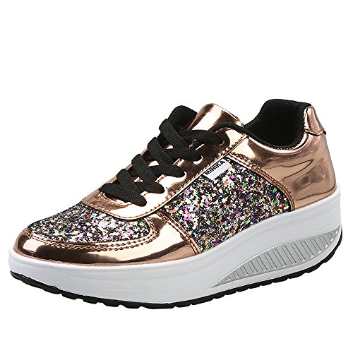 Mujer Zapatillas de Deporte Cuña Zapatos para Caminar Aptitud Plataforma Sneakers con Cordones Calzado de Tacón 4cm Oro EU 38