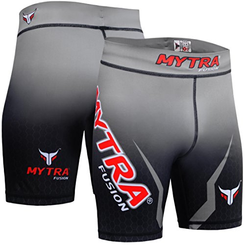 Mytra Fusion Pantalones Cortos Vale Tudo de compresión térmica MMA, con Capa Base, para Crossfit y para Correr, Negro y Gris, XL, de la Marca