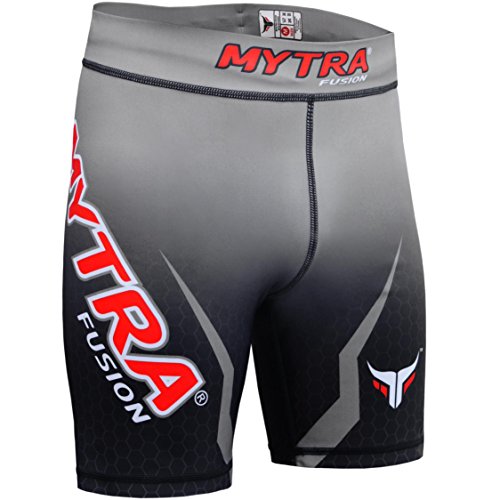 Mytra Fusion Pantalones Cortos Vale Tudo de compresión térmica MMA, con Capa Base, para Crossfit y para Correr, Negro y Gris, XL, de la Marca