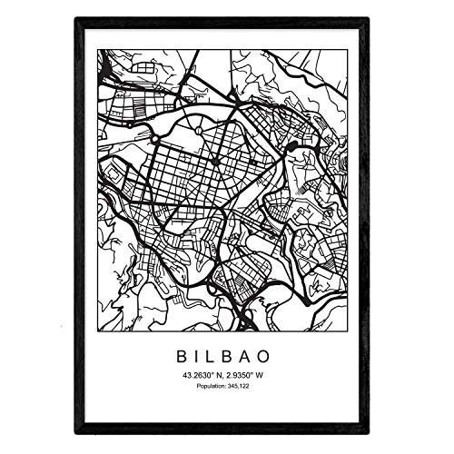 Nacnic Lámina Mapa de la Ciudad Bilbao Estilo nordico en Blanco y Negro. Poster tamaño A3 Sin Marco Impreso Papel 250 gr. Cuadros, láminas y Posters para Salon y Dormitorio