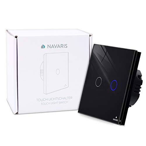 Navaris Interruptor de luz táctil para pared - Caja de cristal con pantalla táctil - Con 2 pulsadores indicador LED y material de montaje - Negro