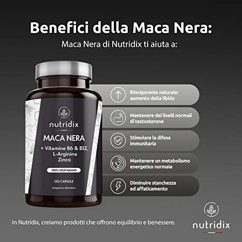Nutridix Maca Negra Andina 1.200 mg por Dosis - Extracto Equivalente a 24.000 mg de Maca Planta concentrada 20:1 con L-Arginina, Vitamina B6, B12 y Zinc - 120 Cápsulas