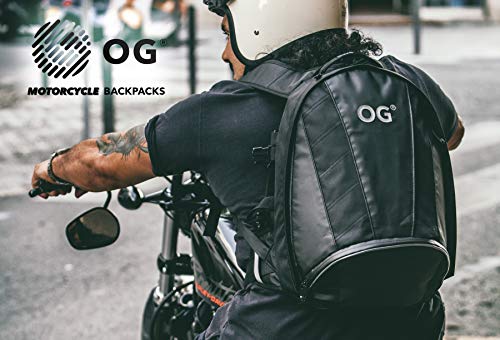 OG Online&Go EZ-RiderPRO Mochila Moto Negra Expandible 28-35L, Bolsa Porta-Cascos Motorista, Correa Casco, Impermeable, Portátil, Reflectante (Logo Blanco)