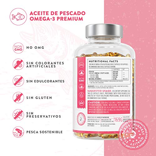 Omega 3 de Aceite de Pescado [2000 mg] - 1000 mg EPA y 500 mg DHA - Alta Potencia - Destilado Molecularmente para mayor pureza - Fuente de Ácidos Grasos - 120 cápsulas blandas - suministro de 60 días