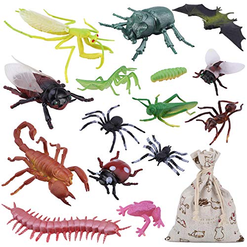 OOTSR Paquete de 15 Figuras de Insectos de plástico Grandes para niños - Los Insectos de Insectos Variados Incluyen Gusanos de araña Falsos para educación Regalo de cumpleaños con Bolsa de algodón