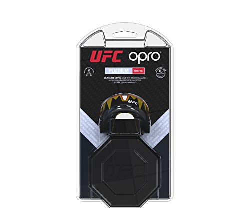 OPRO Protector bucal UFC Adulto para MMA, Boxeo, BJJ, Karate y Otros Deportes de Combate - 18 Meses de garantía Dental (Negro, Nivel de Protección: Platino)