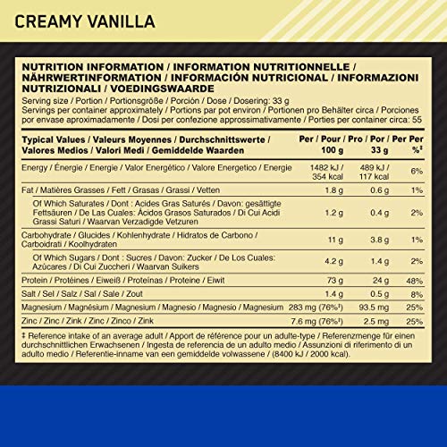 Optimum Nutrition ON Gold Standard Casein, Proteinas de Caseina en Polvo con BCAA Aminoacidos Esenciales, Zinc y Magnesio en Polvo, Vainilla, 55 Porciones, 1.82 kg, Embalaje Puede Variar