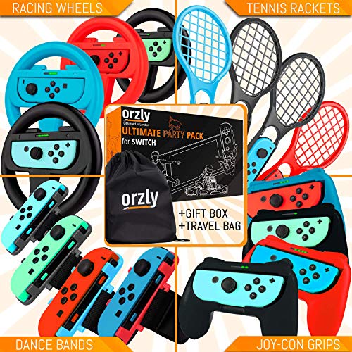 Paquete de accesorios de fiesta Orzly para Nintendo Switch Console con controladores y ruedas de carreras, bandas de baile, raquetas de tenis -16 accesorios para fiestas y bolsa de transporte