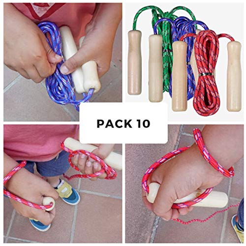Partituki Pack de 10 Cuerdas para Saltar. Combas con Mango de Madera y una Guirnalda de 10 m. Ideal para Juegos al Aire Libre y Detalles de Cumpleaños Infantiles.