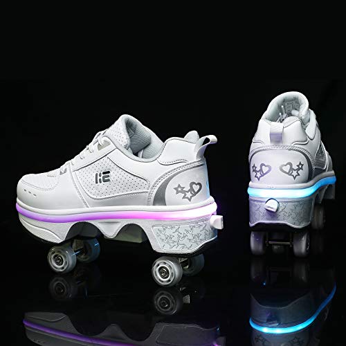 Patines en línea, zapatos multiusos 2 en 1, botas con patines de ruedas ajustables, White-EUR33