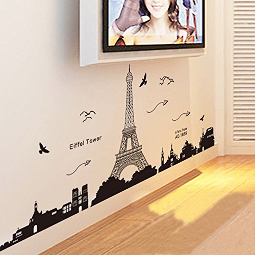 Pegatina de pared vinilo adhesivo decorativo para cuartos, dormitorio,cocina, ... vista de Paris Torre Eiffel Color Negro OPEN BUY