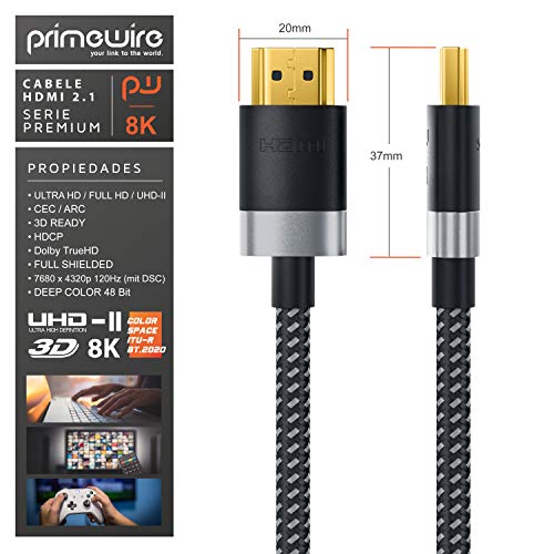 Primewire – 1m Cable HDMI 2.1 - Alta Velocidad con Ethernet - 8k @ 120 Hz con DSC - 7680 x 4320 - UHD II - Compatible con HDMI 2.1 2.0a 2.0b - 3D - HDR - ARC - Compatible con Blue Ray PS4 Xbox